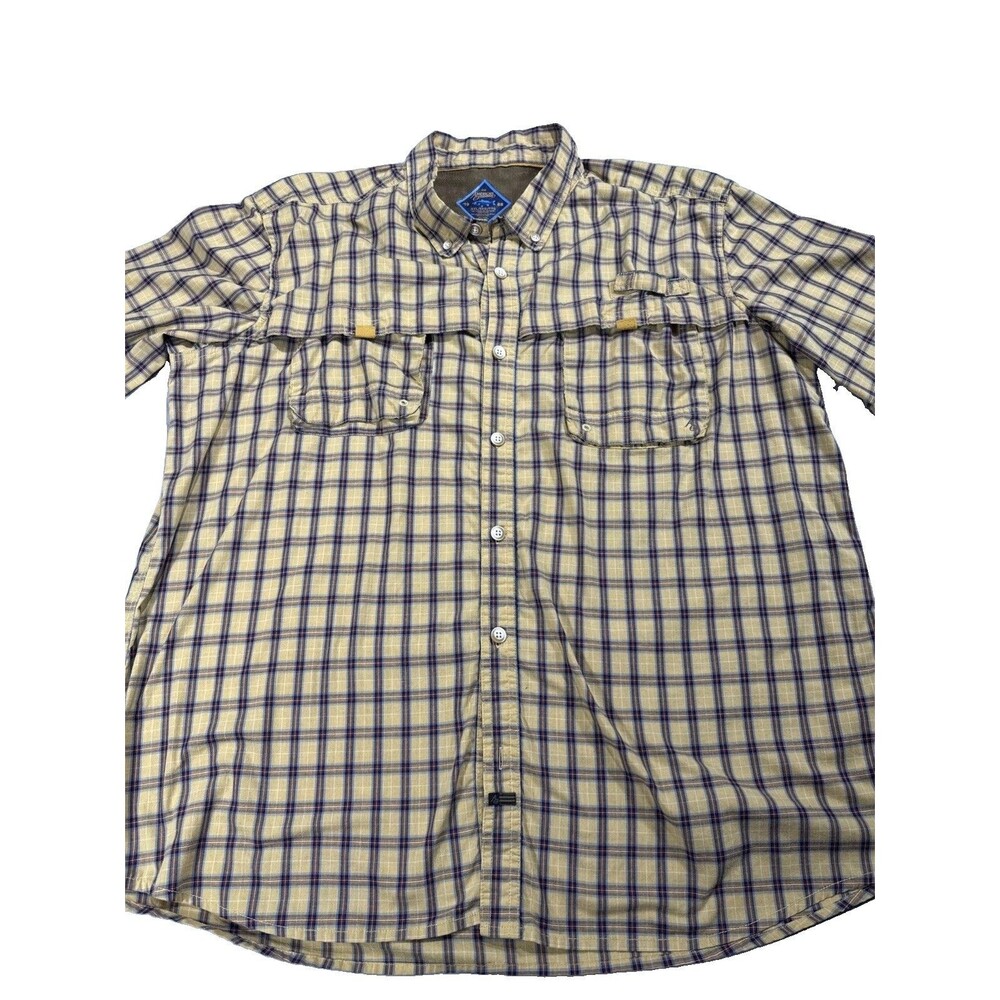 American Outdoorsman Mens SS Plaid Vented Fishing Shirt Yellow Brown Plaid XXL